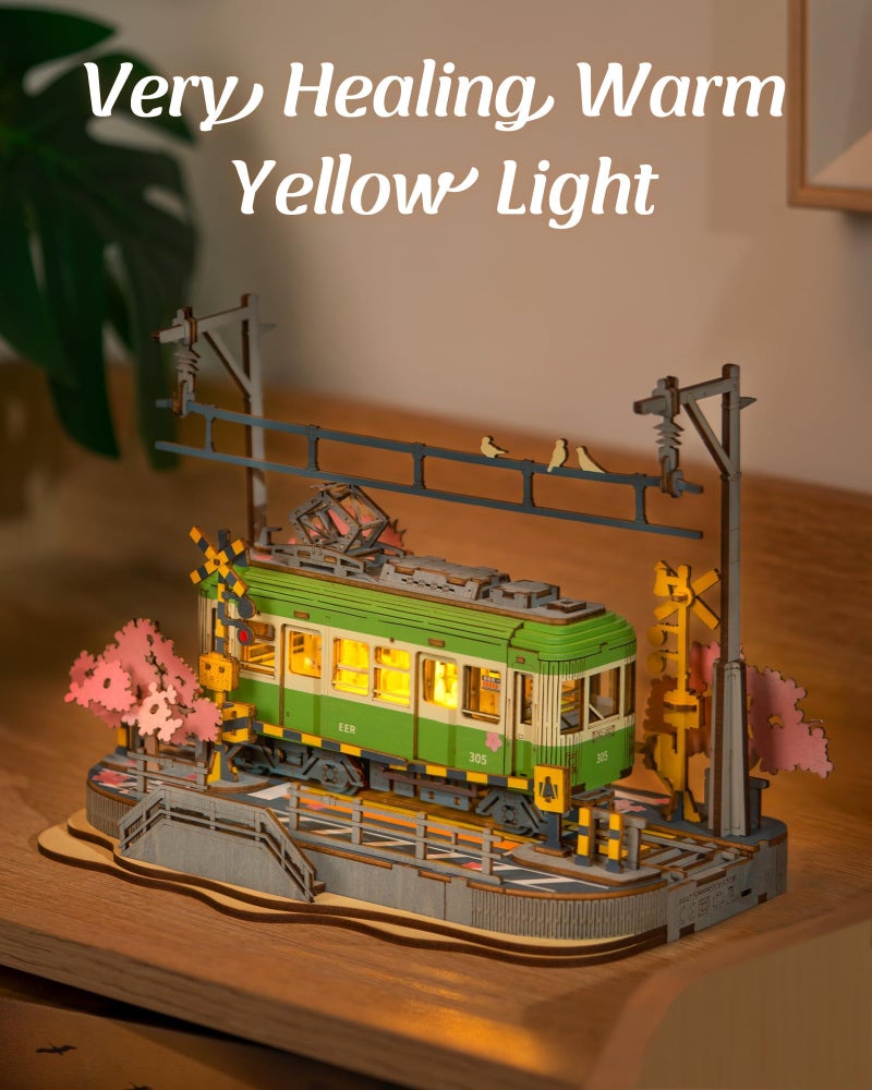 Rolife 3D Wooden Puzzle for Adults, Sakura Journey Tram DIY Model Building Kits with LED Lights, Creative Kids Craft Hobby Gift and Brain Teaser Home Decor Assembly Toy - Image 3