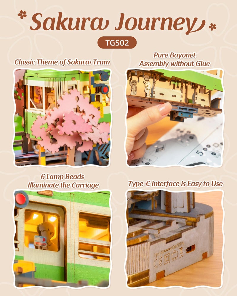 Rolife 3D Wooden Puzzle for Adults, Sakura Journey Tram DIY Model Building Kits with LED Lights, Creative Kids Craft Hobby Gift and Brain Teaser Home Decor Assembly Toy - Image 5