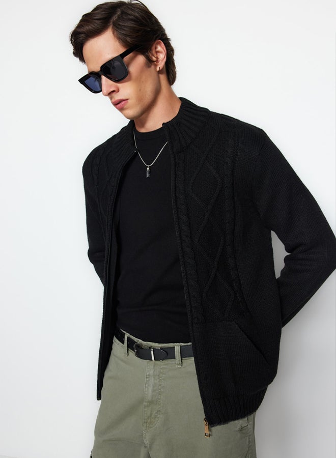 trendyol Men's Black Slim Fit Knit Detail Zippered Pocket Knitwear Cardigan - Image 1