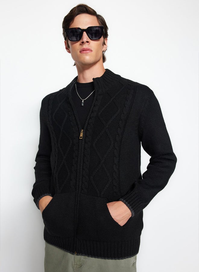 trendyol Men's Black Slim Fit Knit Detail Zippered Pocket Knitwear Cardigan - Image 2