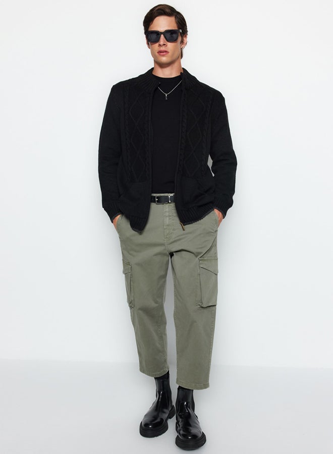 trendyol Men's Black Slim Fit Knit Detail Zippered Pocket Knitwear Cardigan - Image 3