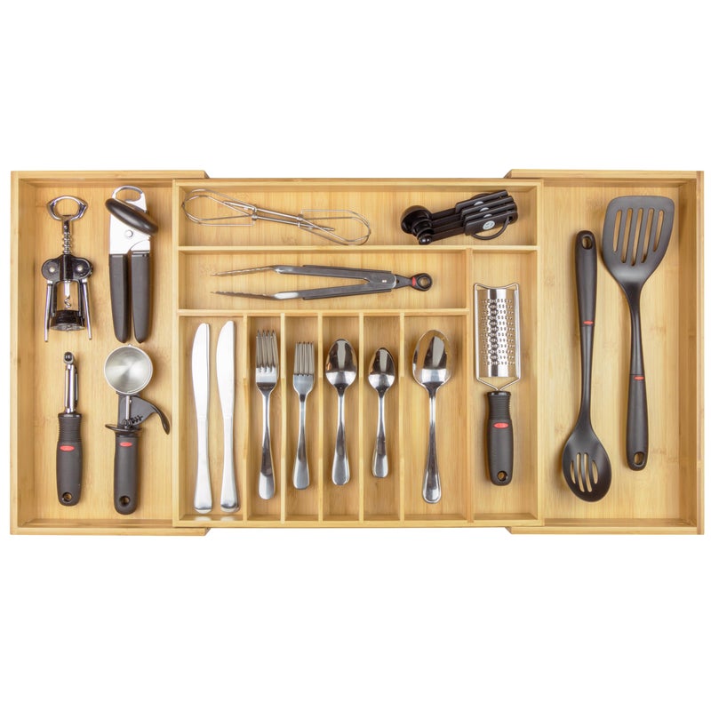 KitchenEdge Premium Silverware Flatware and Utensil Organizer for Kitchen Drawers FoodSafe Contract Grade Expandable from 18 to 33 In Natural Bamboo