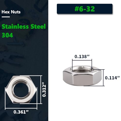 RoyceMart #6-32 (50 Pack) Stainless Steel Hex Nuts, Metric Hexagon Nuts, Stainless Steel 304 (18-8), UNC Coarse Thread - Image 2