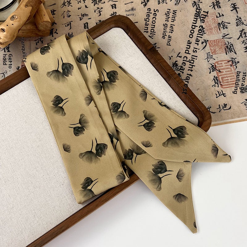 Generic Vintage Chinese Long Silk Scarf Hairband 24286E Lotus scattered branches 