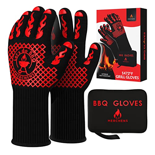 M MERCHENS ProSeries BBQ Gloves  Heat Resistant Grill Grilling and Oven Gloves for Culinary Experts  Extreme Fireproof Protection Silicone Grip Extra Long Mitts  Indoor  Outdoor  with Protective case