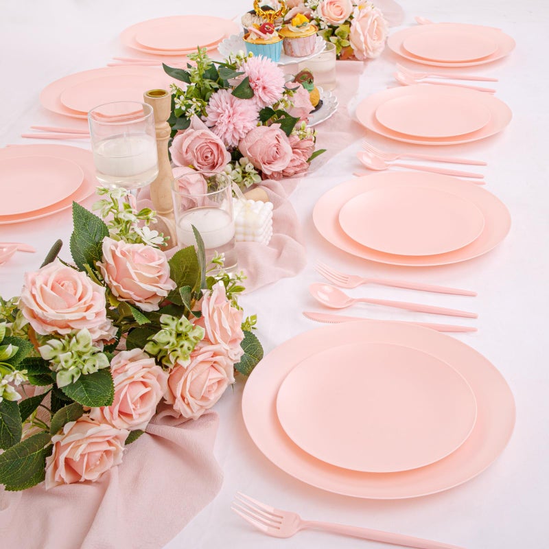 ejonirinjonir EI 150pcs Pink Plastic Plates Pink Disposable Heavy Duty Plastic Plates for Party Dinnerware Set Pink Plastic Silverware for Party Wedding Afternoon Tea,Spring,Mother's Day,Valentine's Day,Easter - Image 3