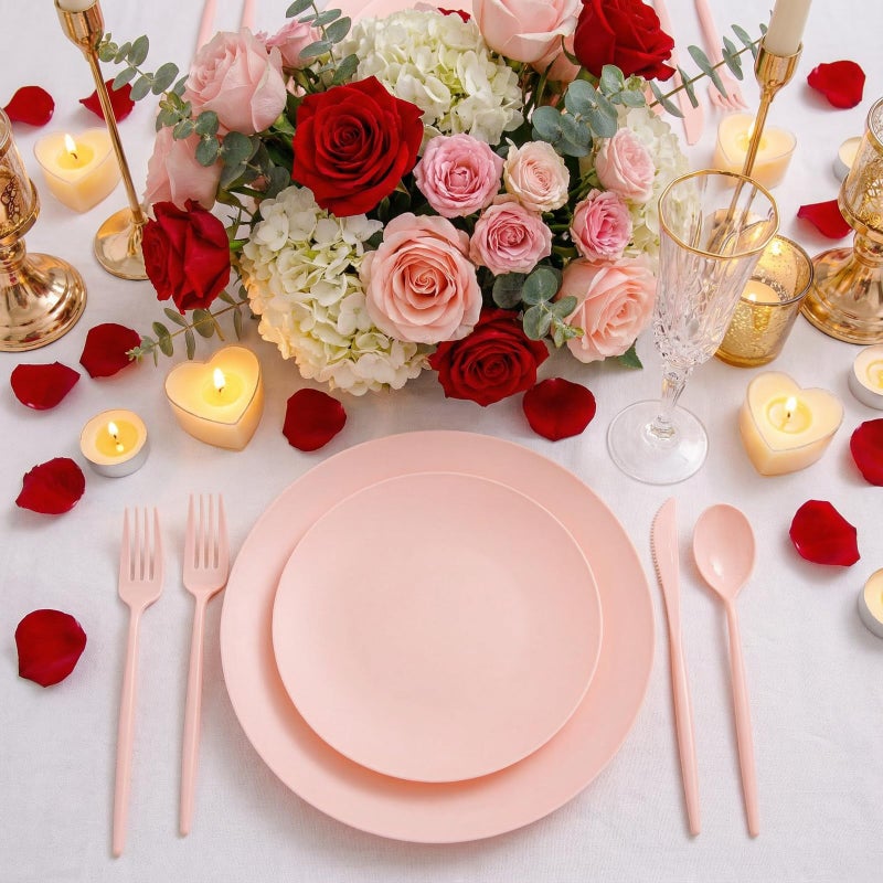 ejonirinjonir EI 150pcs Pink Plastic Plates Pink Disposable Heavy Duty Plastic Plates for Party Dinnerware Set Pink Plastic Silverware for Party Wedding Afternoon Tea,Spring,Mother's Day,Valentine's Day,Easter - Image 4