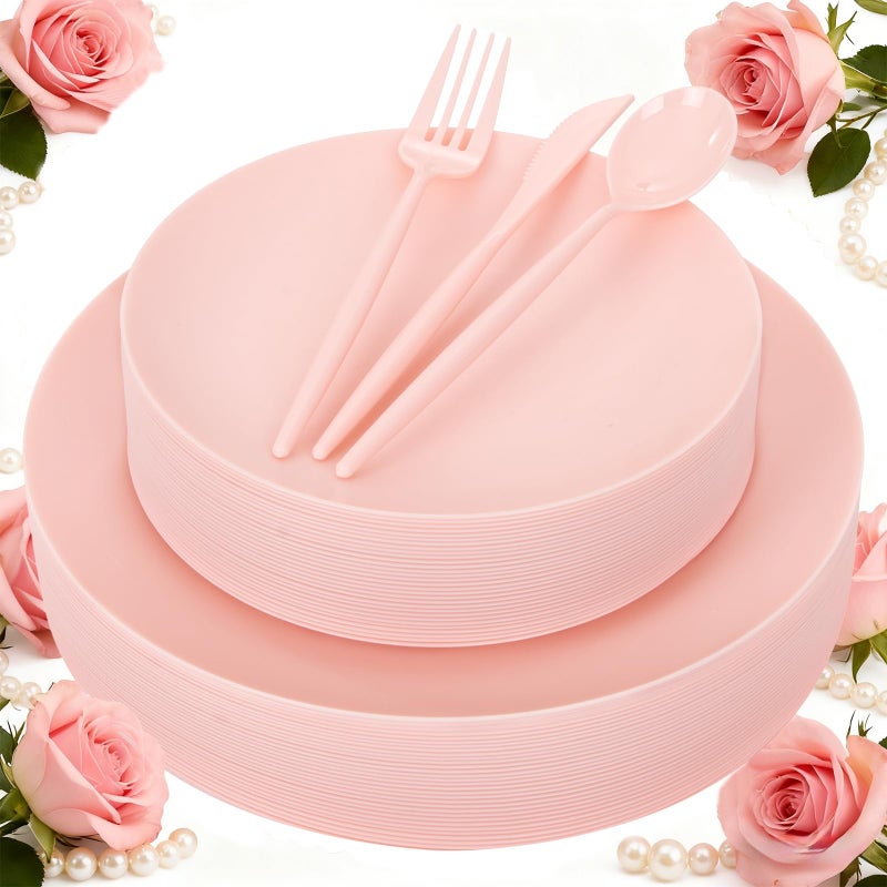 ejonirinjonir EI 150pcs Pink Plastic Plates Pink Disposable Heavy Duty Plastic Plates for Party Dinnerware Set Pink Plastic Silverware for Party Wedding Afternoon Tea,Spring,Mother's Day,Valentine's Day,Easter - Image 1