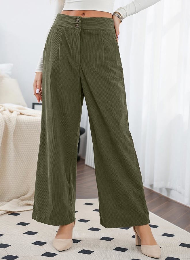 Sidefeel Corduroy Pants for Women Casual Work High Waisted Button Stretchy Loose Fit Wide Leg Pants with Pockets Army Green Size X-Large - Image 4
