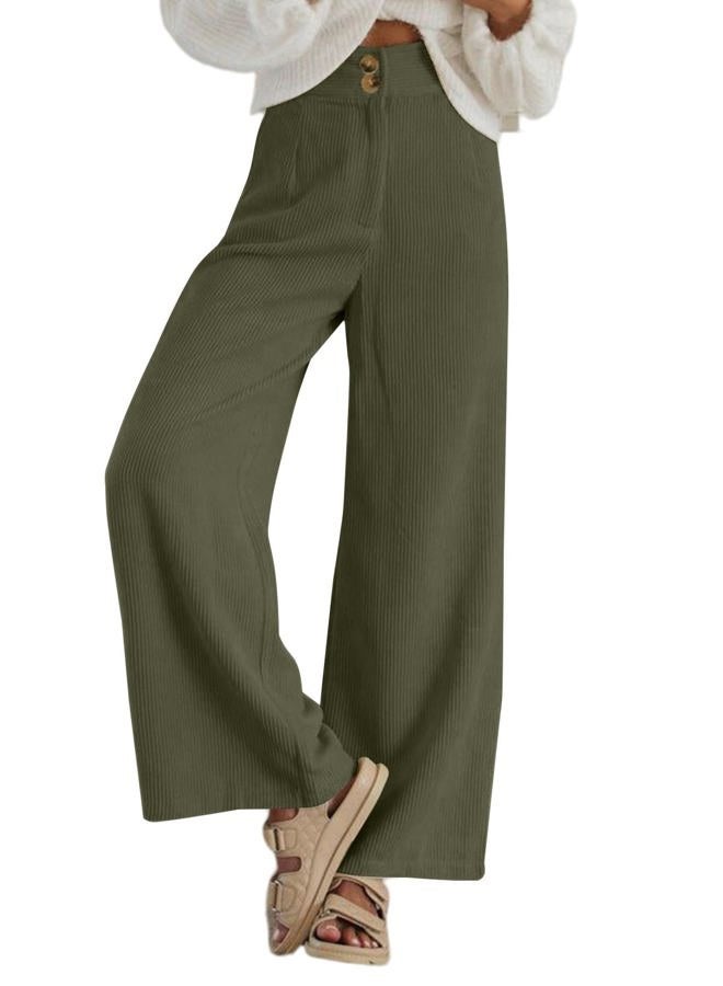 Sidefeel Corduroy Pants for Women Casual Work High Waisted Button Stretchy Loose Fit Wide Leg Pants with Pockets Army Green Size X-Large - Image 1