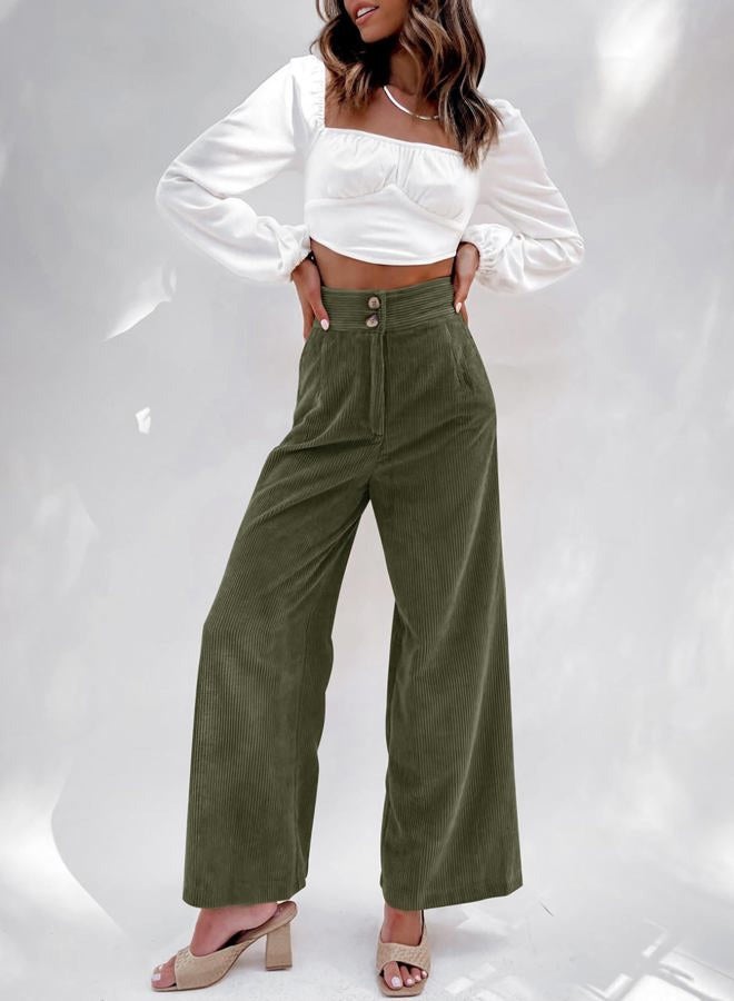 Sidefeel Corduroy Pants for Women Casual Work High Waisted Button Stretchy Loose Fit Wide Leg Pants with Pockets Army Green Size X-Large - Image 2