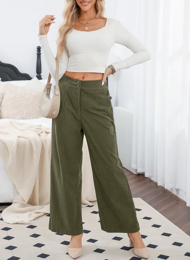 Sidefeel Corduroy Pants for Women Casual Work High Waisted Button Stretchy Loose Fit Wide Leg Pants with Pockets Army Green Size X-Large - Image 3