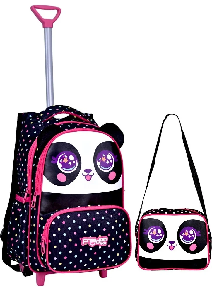 Çantaland Wheeled Black Panda Printed, Orthopedic Back Featured, Primary School Bag + Lunch Box