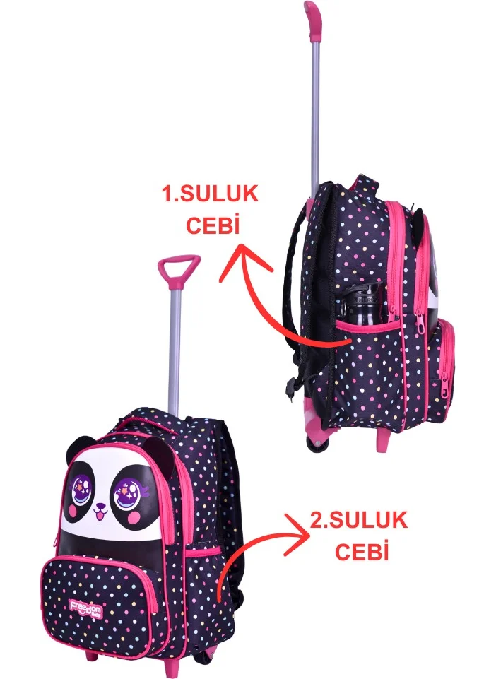 Çantaland Wheeled Black Panda Printed, Orthopedic Back Featured, Primary School Bag + Lunch Box