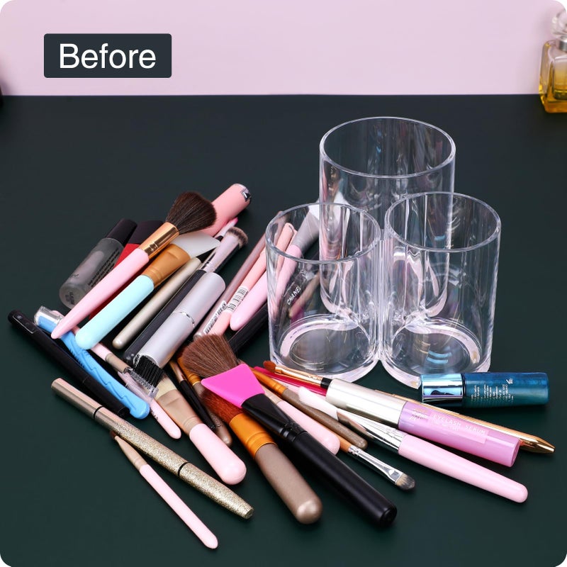 MOSIKER Makeup Brush Holder,Acrylic Clear Round Remote Control Pen Pencil Hair Nail Brush Comb Organizer with 3 Slots - Image 4