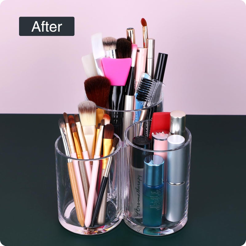 MOSIKER Makeup Brush Holder,Acrylic Clear Round Remote Control Pen Pencil Hair Nail Brush Comb Organizer with 3 Slots - Image 5