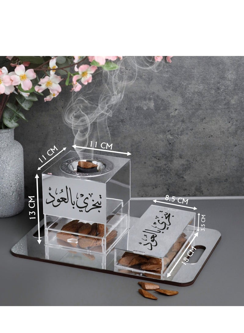Story Of Candle Incense burner with a box for storing incense and a tray for carrying them. It comes with an Arabic phrase made of shiny acrylic. - Image 2