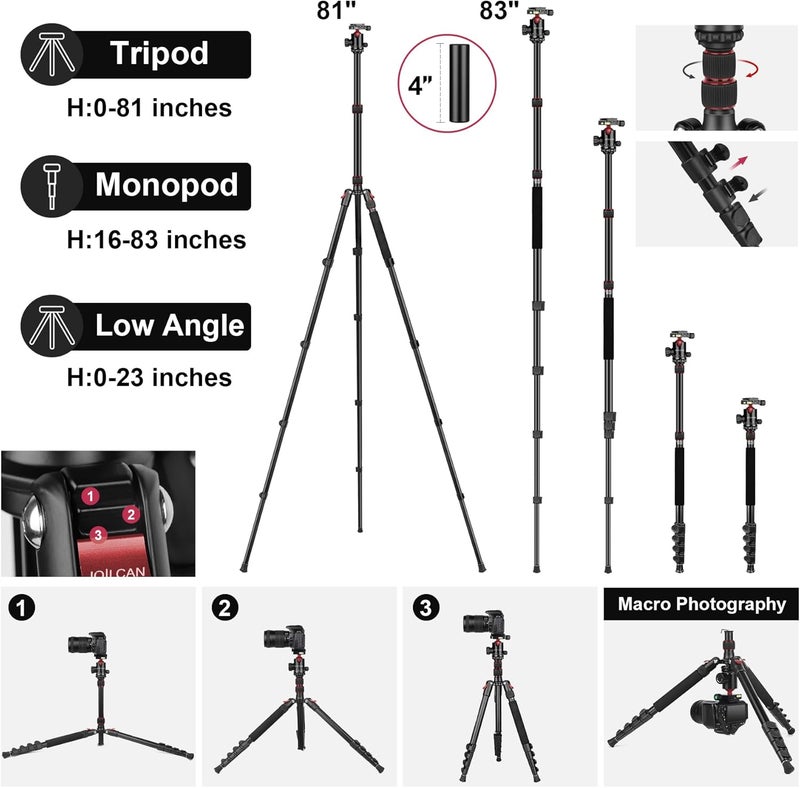 JOILCAN Tripod for Camera, 81" Aluminum Camera Tripod Monopod for DSLR, Heavy Duty Travel Tripods for Spotting Scope Binoculars Laser Level, Payload 35Lb - Image 5