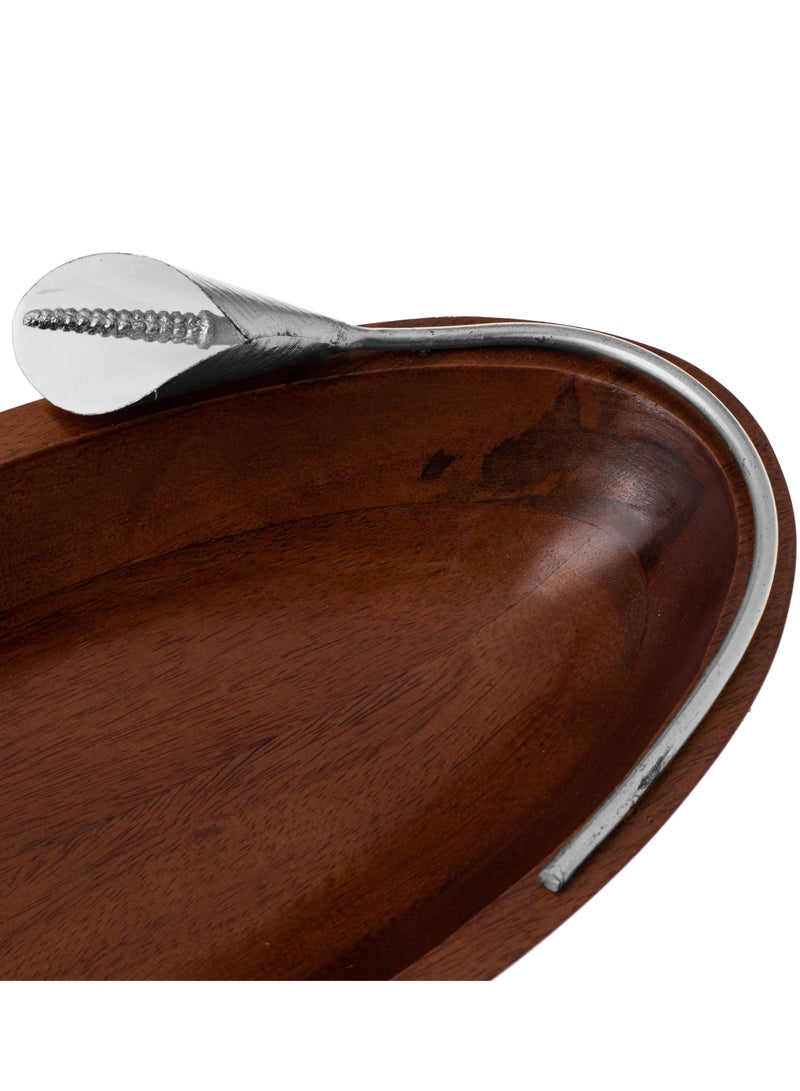 دانيا صحن تقديم شكل زورق مصنوع من خشب الزان مع ديكور زنبقة معدن لون فضي و متعدد الاستخدام - Image 3