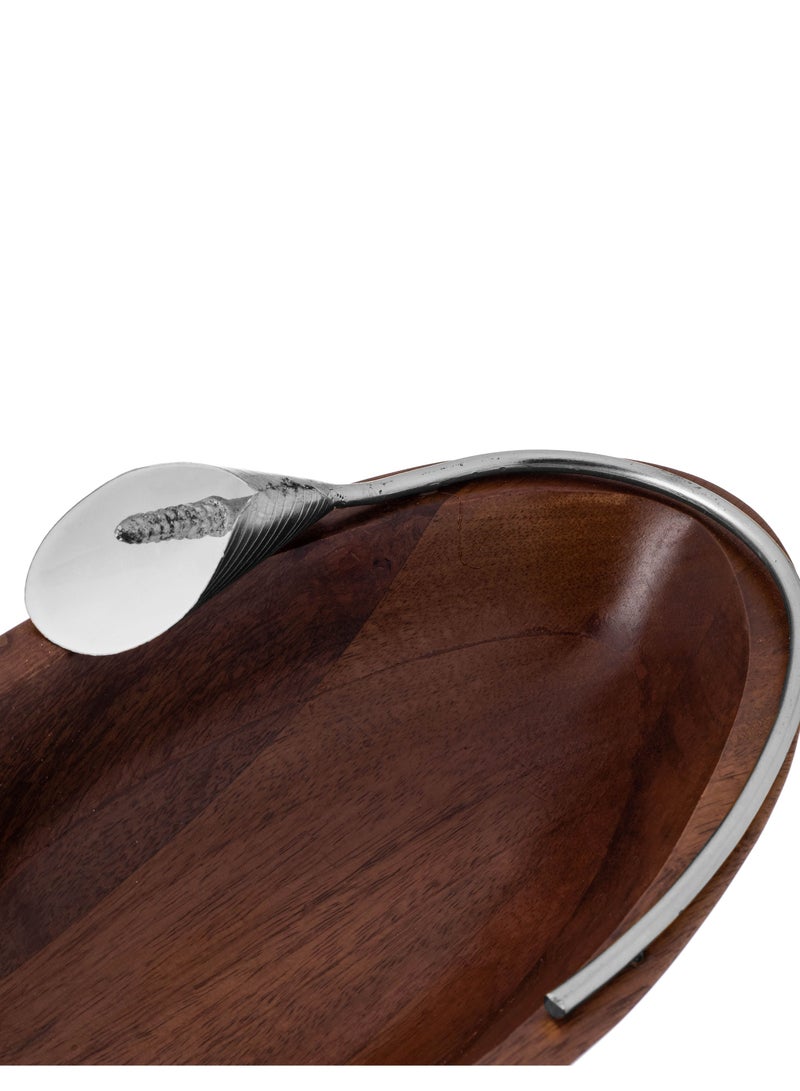 دانيا صحن تقديم شكل زورق مصنوع من خشب الزان مع ديكور زنبقة معدن لون فضي و متعدد الاستخدام - Image 4