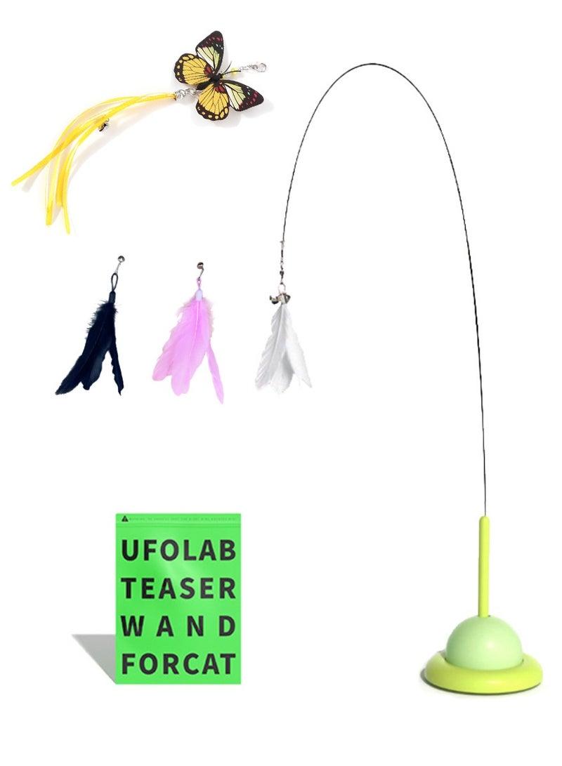 Cat toy wand, Cat`s Spinning feather toy, Interactive hand hold cat playing and Hands-free Auto stye, with 3 extra replacement feather heads, Lemon Green, 90cm - Image 1