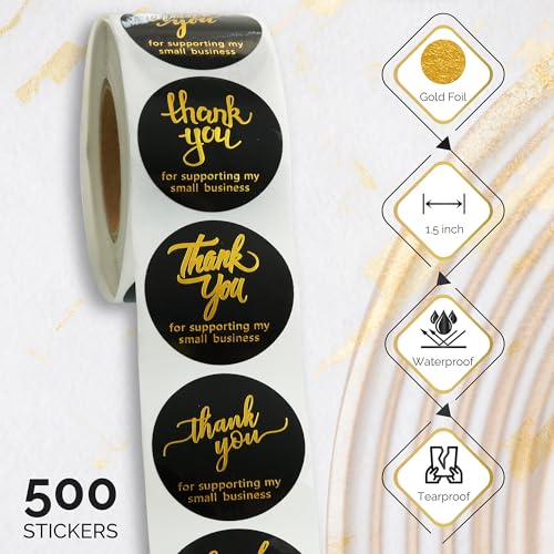 IBAKE 500 Thank You for Supporting My Small Business Stickers – 1.5 Inch Black and Gold Foil Round Labels – 4 Fonts – Waterproof Self-Adhesive Seals for Packaging, Envelopes, Boxes, Orders & Gift Bags - Image 3