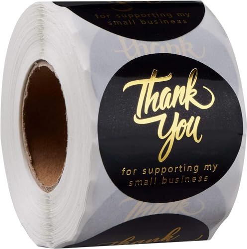 IBAKE 500 Thank You for Supporting My Small Business Stickers – 1.5 Inch Black and Gold Foil Round Labels – 4 Fonts – Waterproof Self-Adhesive Seals for Packaging, Envelopes, Boxes, Orders & Gift Bags - Image 1