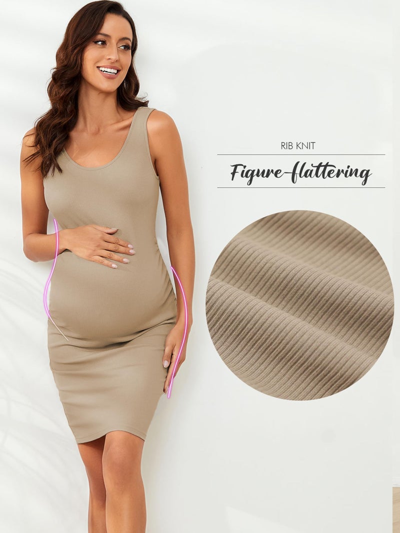 Ecavus Women's Maternity Ribbed Slim Fit Dress Sleeveless Tank Dresses Scoop Neck Pregnancy Bodycon Dress for Casual Wear Oatmeal - Image 5