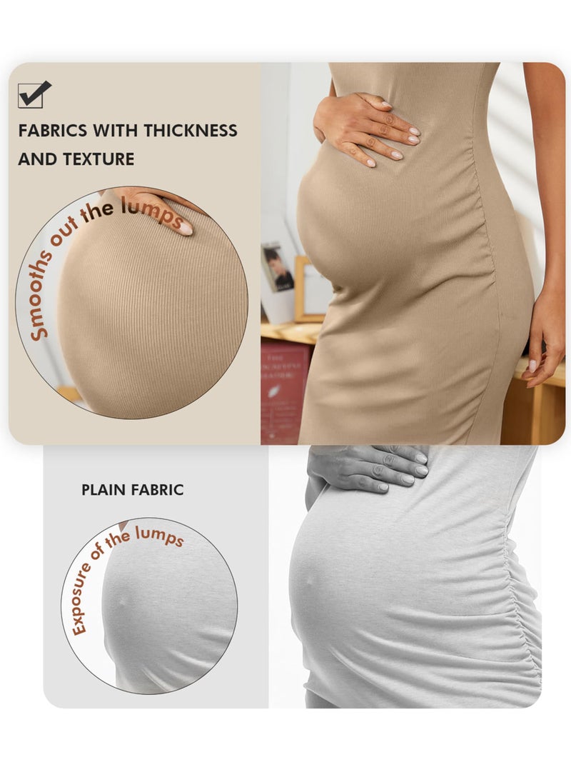 Ecavus Women's Maternity Ribbed Slim Fit Dress Sleeveless Tank Dresses Scoop Neck Pregnancy Bodycon Dress for Casual Wear Oatmeal - Image 4