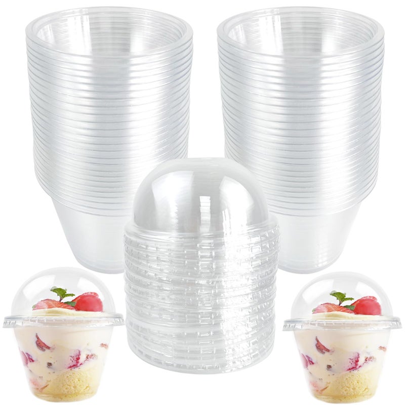 Rainmae 100Pack Disposable Clear Plastic Cups with Dome Lids 180ml6oz Crystal PET Dessert Cups for To Go Iced Coffee Cold Drinks Smoothie Bubble Boba Tea Juice Parfait Frappuccino Milkshake