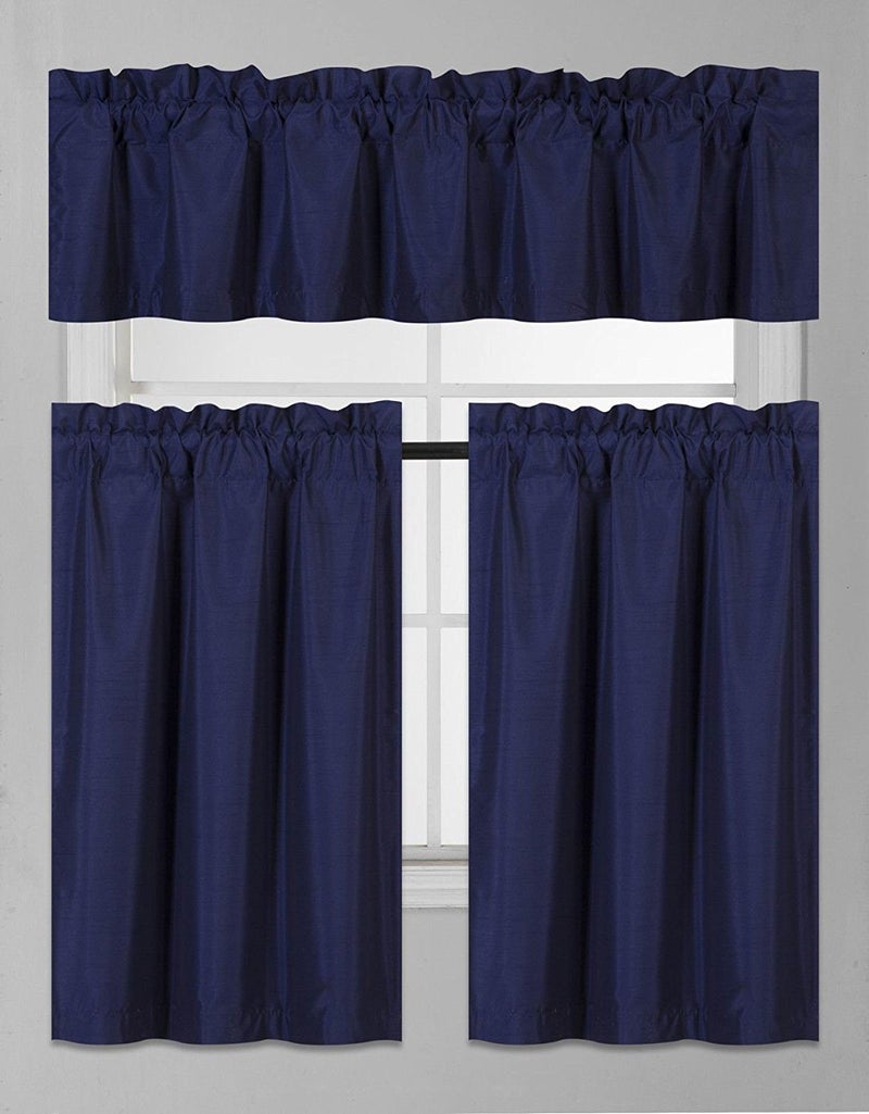 Elegant Home Decor Elegant Home Collection 3 Piece Solid Color Faux Silk Blackout Kitchen Window Curtain Set with Tiers and Valance Solid Color Lined Thermal Blackout Drape Window Treatment Set #K3 (Navy Blue) - Image 1