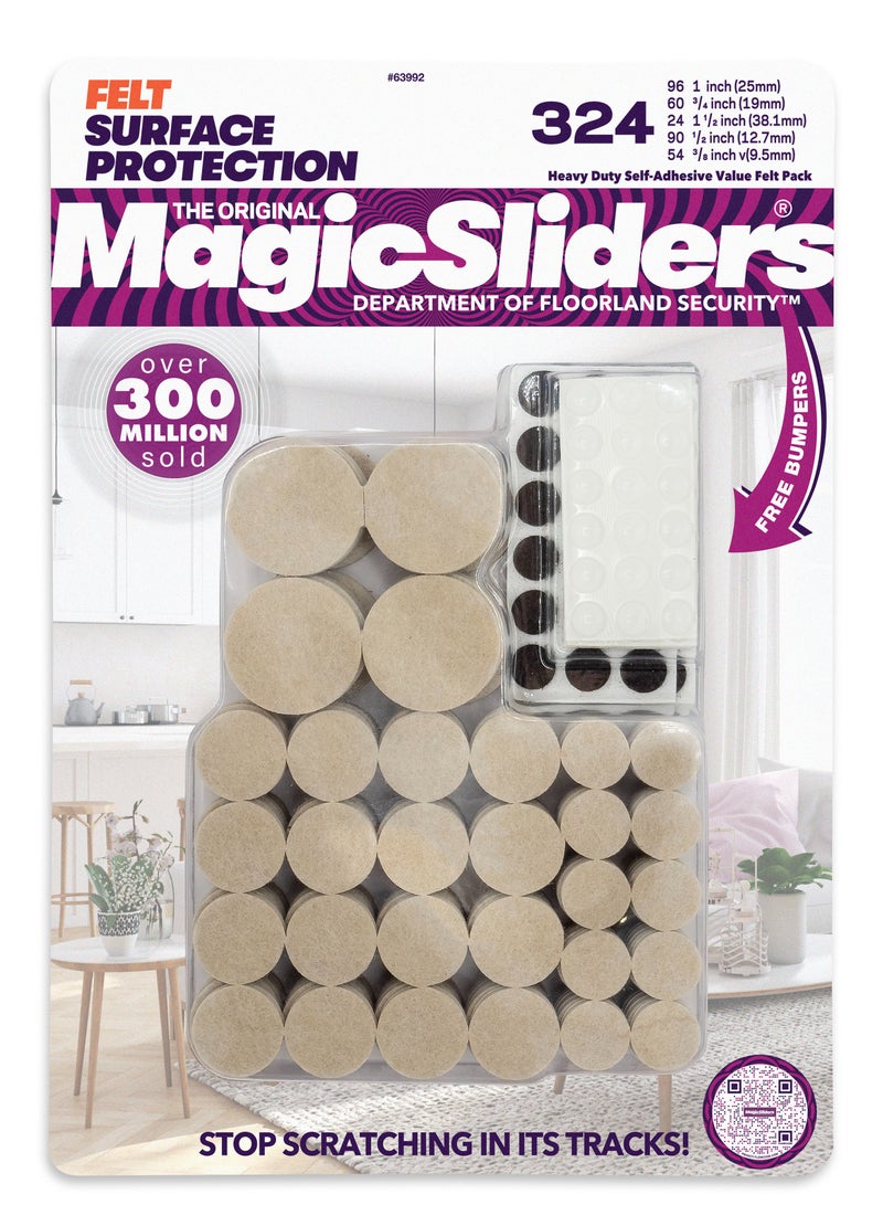 Magic Sliders MAGIC SLIDERS 63992/Heavy Duty Round Self-Stick Furniture Pads Assorted Size Value Pack 324pcs / Felt Pad Sliders for Household Furniture to Protect Surfaces,Wood,Tile,Carpet, and Vinyl Floor (324pc)  - Image 1