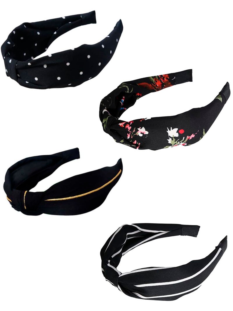 Oomph! OOMPH Jewellery Combo of 4 Black Knotted Floral Stripes Polka Dots Fashion Hair Band Head Band For Women & Girls Stylish Latest (HRO4-15-17-48_O) - Image 1