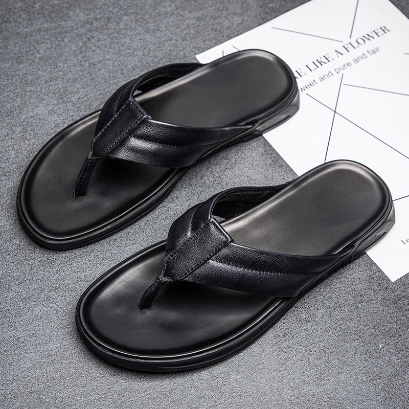 Plain Style Dynamic Flip-Flops For Men, Summer Thong Sandals, Men'S Leather Sandals, Men'S Toe-Layer Beach Shoes, Comfortable - Image 1