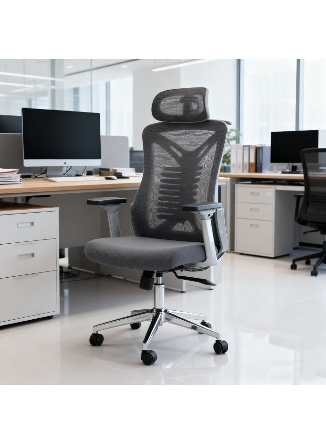 Ergonomic High Back Mesh Office Chair - Executive Swivel Computer Chair with Adjustable Lumbar Support, Flip-up Armrests, Comfortable Headrest and PU Wheels (Y2-1-Grey)