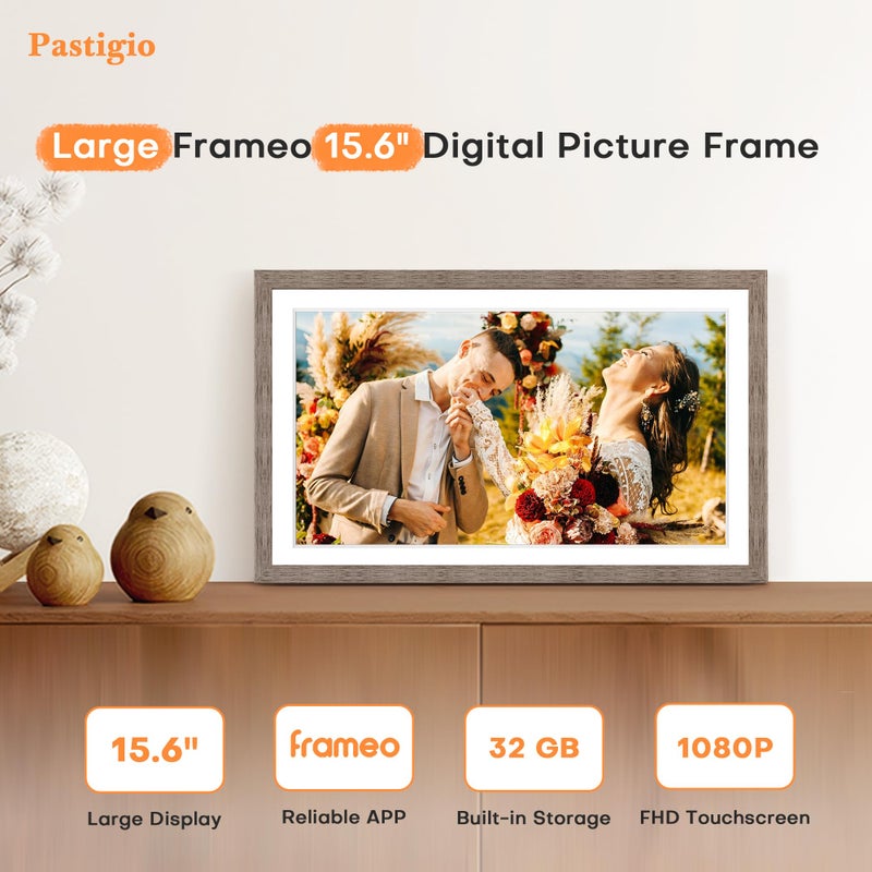 Pastigio إطار صور رقمي 15.6 بوصة، إطار صور رقمي كبير WIFI Frameo، إطار عرض كهربائي، شاشة تعمل باللمس FHD IPS 1920 * 1080، 32GB، مثبت على الطاولة والجدار، مشاركة الفيديو والصور، هدية زفاف، رمادي - Image 2