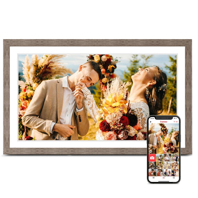 Pastigio إطار صور رقمي 15.6 بوصة، إطار صور رقمي كبير WIFI Frameo، إطار عرض كهربائي، شاشة تعمل باللمس FHD IPS 1920 * 1080، 32GB، مثبت على الطاولة والجدار، مشاركة الفيديو والصور، هدية زفاف، رمادي - Image 1