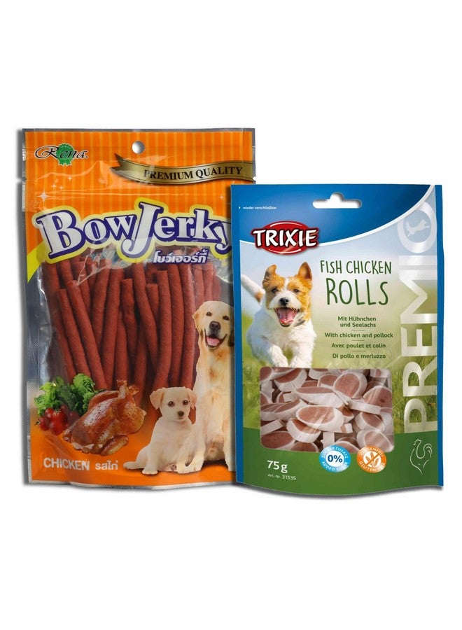 تريكسي مكافآت الكلاب من Premio Fish Chicken Rolls، 75 جرامًا ومكافآت الكلاب من Rena Bow Jerky Protein Rich Chicken Stick، 200 جرام - مناسبة لجميع سلالات الكلاب - Image 1
