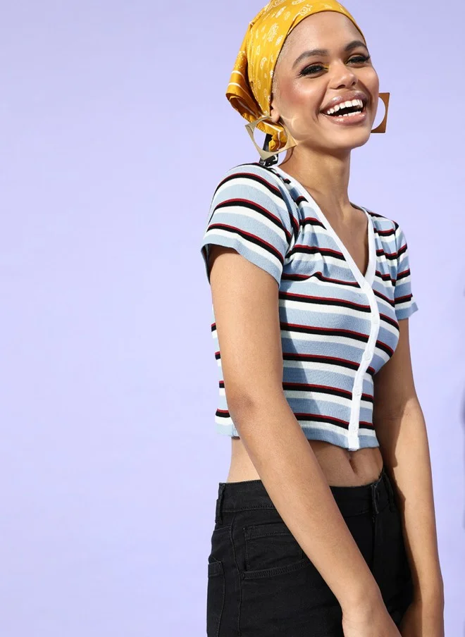 SASSAFRAS Blue & White Striped Crop Top for Women