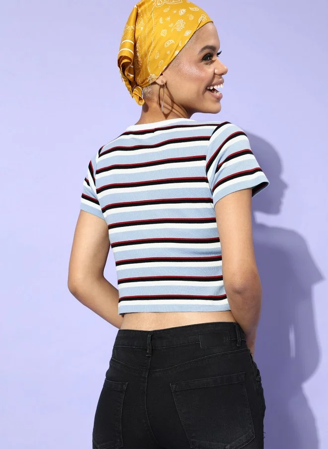 SASSAFRAS Blue & White Striped Crop Top for Women