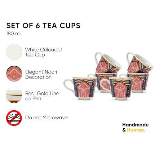 Shay Ceramic Tea Cups Set of 6, Noor,180ml | Tea Cup Set of 6 | Glossy Finish | Premium Porcelain | Tea Set | Ceramic Tea Cup | Small Cups for Tea (The Step Tea Cups - Noor) Multicolour - Image 3