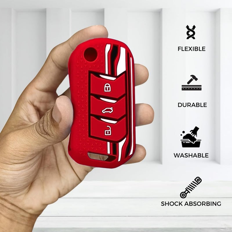Keycept™ Tristar Silicone Key Cover for Mahindra Scorpio N, 3XO, XUV 300, Marazzo, XUV 700, XUV 400, Bolero, Thar Roxx, TUV 300, EV 3 Button Flip Key Cover (Red) - Image 3