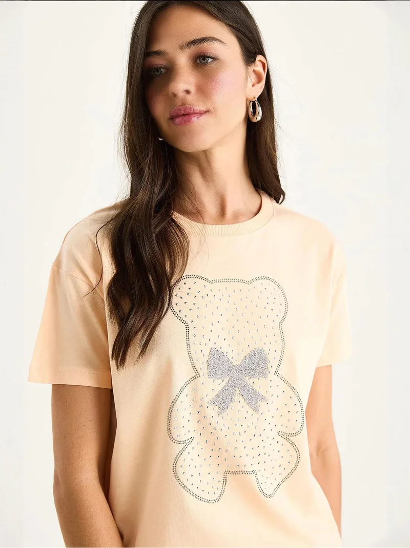 Bianco Lucci Pale Orange LUCCI Embroidered Crew Neck Printed T-Shirt for Women | Best Price UAE