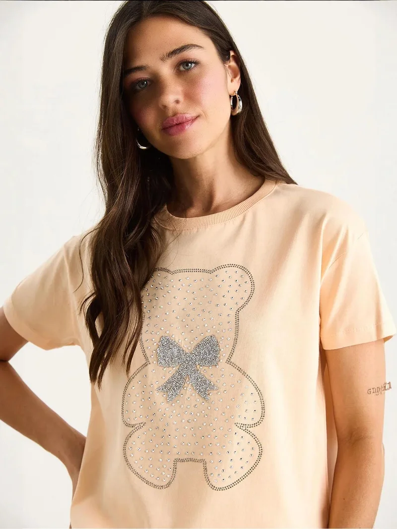 Bianco Lucci Pale Orange LUCCI Embroidered Crew Neck Printed T-Shirt for Women | Best Price UAE