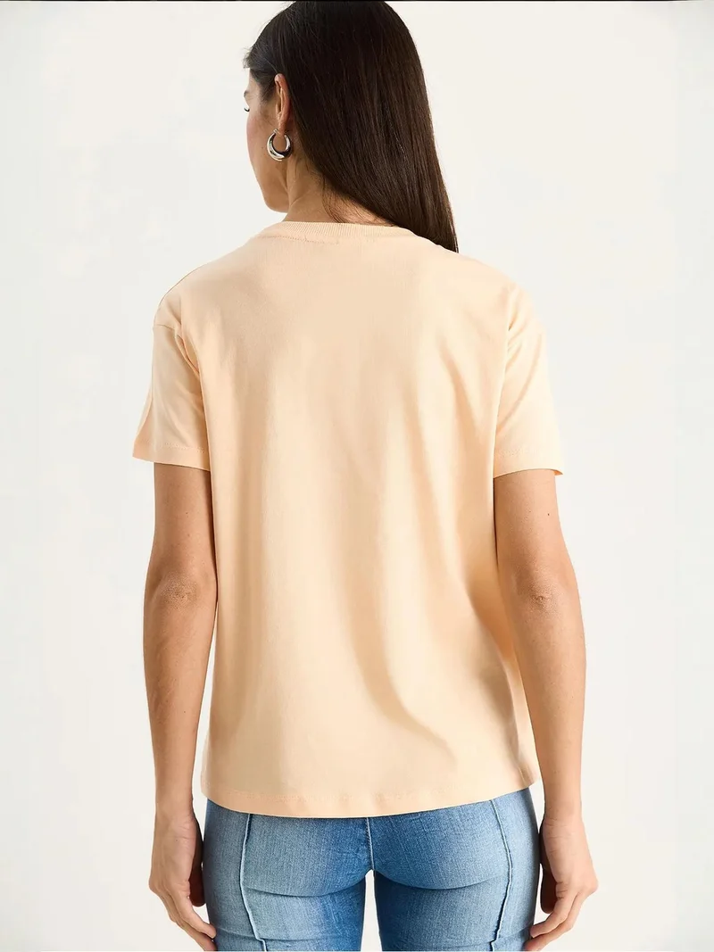 Bianco Lucci Pale Orange LUCCI Embroidered Crew Neck Printed T-Shirt for Women | Best Price UAE