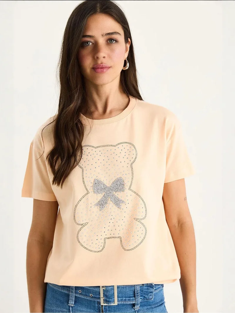 Bianco Lucci Pale Orange LUCCI Embroidered Crew Neck Printed T-Shirt for Women | Best Price UAE