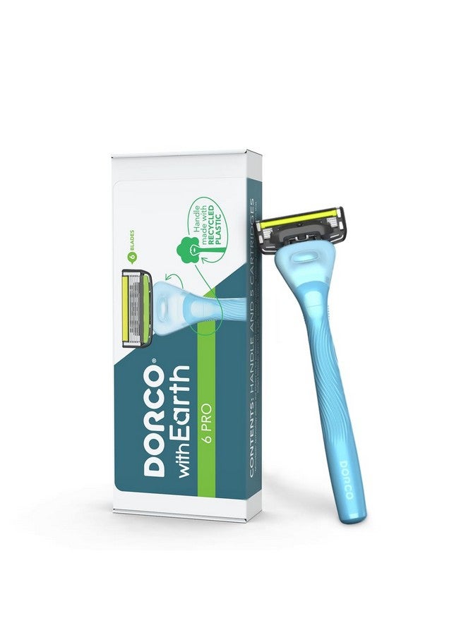 DORCO With Earth Razor With Pace 6 Pro Cartridges • Handle Made From Post Recycled Plastic • Premium Blades For Men And Women Body & Face Shaving • One Handle And 5 Cartridges