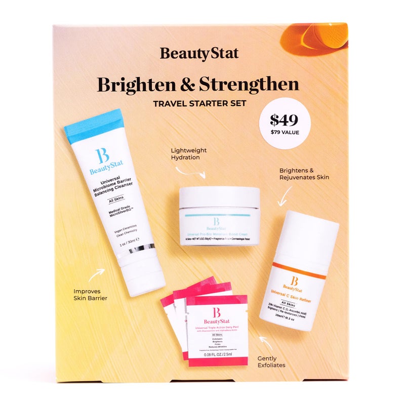 BeautyStat Brighten  Strengthen Daily Travel Starter Kit 10ml Universal C Skin Refiner 10ml Probiotic Moisture Boost Cream 30ml Microbiome Purifying Cleanser 3 Triple Action Daily Peels