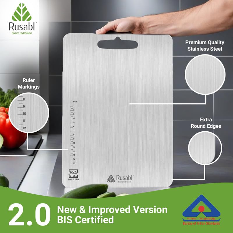 Rusabl Premium Heavy-Duty Stainless Steel Chopping Board for Kitchen (Rectangular, 36 x 25 cm, Large), BIS Certified, Anti-Rust, Non-Slip Cutting Board for Slicing Fruits, Vegetables, Kneading Board - Image 3