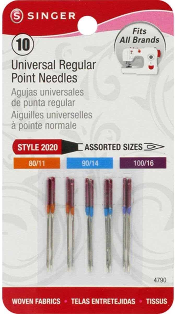 SINGER Universal Regular Point Sewing Machine Needles, Assorted Sizes 80/12, 90/14, 100/16, 10-Count